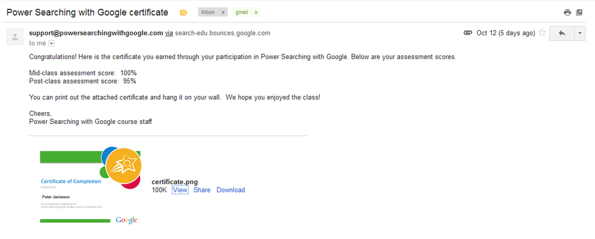 Google Power Searching completion certificate