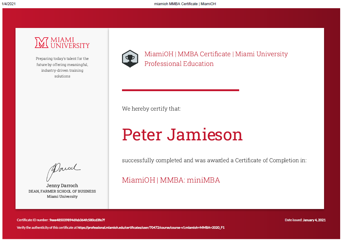 Miami University miniMBA completion certificate, 2020-21