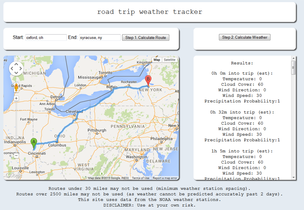 Route and weather prediction application screenshot